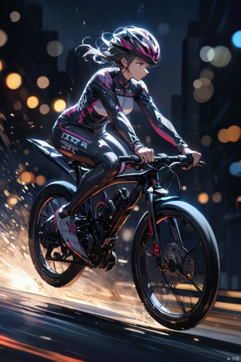 girl,bike,whole body,from side,Night driving,Contest,bold composition,detailed,Bokeh,(Motion blur),Dramatic lighting,high speed photography, (masterpiece, best quality, perfect composition, very aesthetic, absurdres, ultra-detailed, intricate details, Professional, official art, Representative work:1.3)