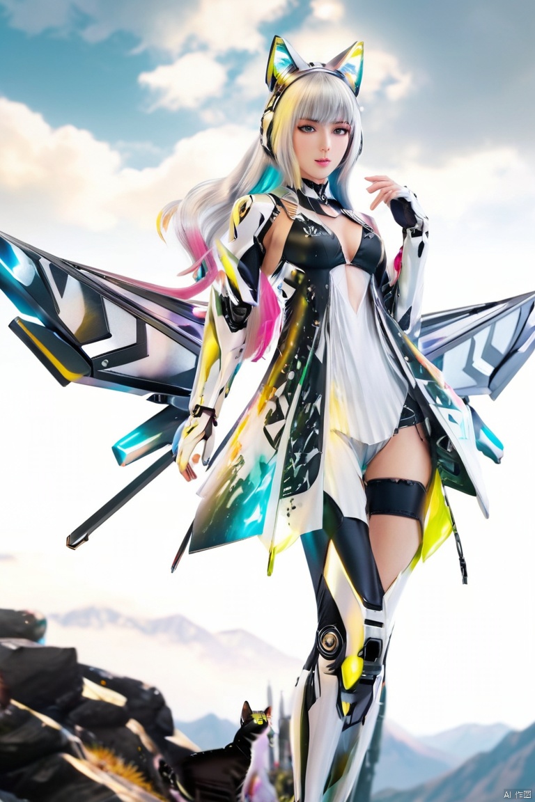 fate \(series\), mecha girl, silver long hair, full-body pose, mechanical wings, cat_ears, mountains, (panoramic, Ultra high saturation, bright and vivid colors), (best quality, masterpiece, Representative work, official art, Professional, 8k), tqj-hd, TIANQIJI