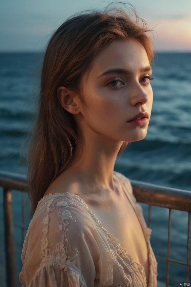 a girl by the sea, by Marta Bevacqua, summer night, (High detail, photograph, realistic), (best quality, masterpiece, Representative work, official art, Professional, 8k:1.3)