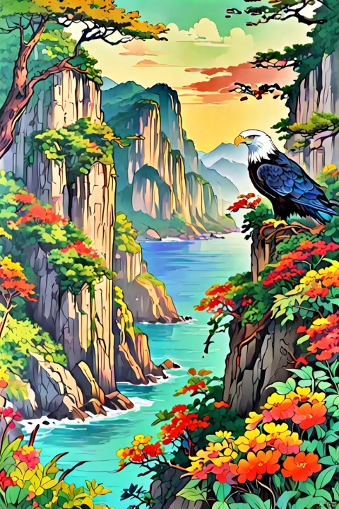 Cliffs by the sea, eagle,Sophisticated and beautiful nest,branches,green leaves,Colorful flowers and diverse plants, sharpie illustration, Bold lines and solid colors, panoramic, Ultra high saturation, bright and vivid colors, intricate, (best quality, masterpiece, Representative work, official art, Professional, 8k), Chinese style