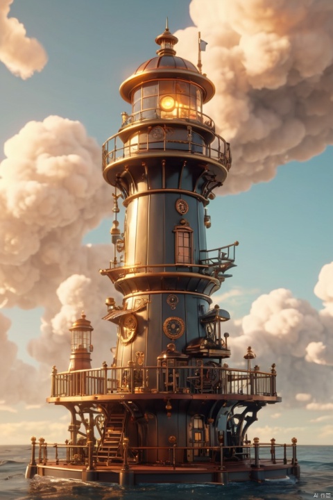 Cute Cartoon, a steampunk lighthouse featuring a towering structure with brass and copper elements, intricate clockwork mechanisms, warm glowing light, billowing steam clouds, nautical touches, and a weathered look, rich metallic color palette, fine linework and embellishments, retro-futuristic design, (best quality, masterpiece, Representative work, official art, Professional, 8k, Ultra intricate detailed:1.3)