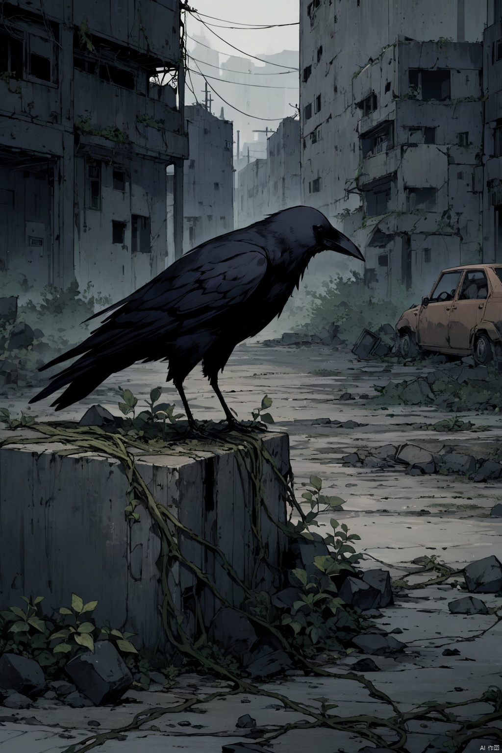(close up of Crow), nuclear wasteland. The once prosperous city is now in ruins, Ruined buildings and abandoned vehicles litter the desolate landscape. Nature has begun to take back territory, Plants growing in concrete cracks,Vines entwine around rotting buildings. The atmosphere is weird, a feeling of loneliness and despair in the air. The scene is bathed in a dark and moody light, Emphasizes the post-apocalyptic setting. The colors become softer, A desaturated and faded color palette, This further enhances the desolate atmosphere of the scene, (masterpiece, best quality, perfect composition, very aesthetic, absurdres, ultra-detailed, intricate details, Professional, official art, Representative work:1.3)
