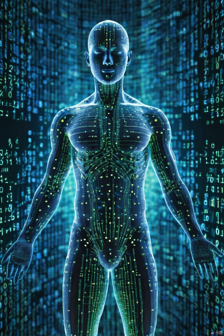 Half Body. 8K Ultra HD,man,body surrounded by a series of blue binary codes, Curved lines and patterns, Weaving together,Creating a fusion of technology and art, Background with binary code, Hues range from electric blue to bright green, Most popular, (masterpiece, best quality, perfect composition, very aesthetic, absurdres, ultra-detailed, intricate details, Professional, official art, Representative work:1.3)
