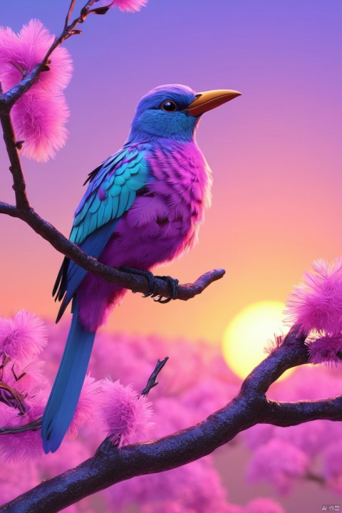 thrilling, The award-winning, professional, Very detailed, sunset animal (Vivid neon colors) , animal (Art style) (Whimsical Art), Perched on tree branches, (A ethereal bird with colorful feathers), Soft pink, purple, and soft blue, Fantasy style, fantastic art, Bright colors, 3D Animation, (masterpiece, best quality, perfect composition, very aesthetic, absurdres, ultra-detailed, intricate details, Professional, official art, Representative work:1.3)
