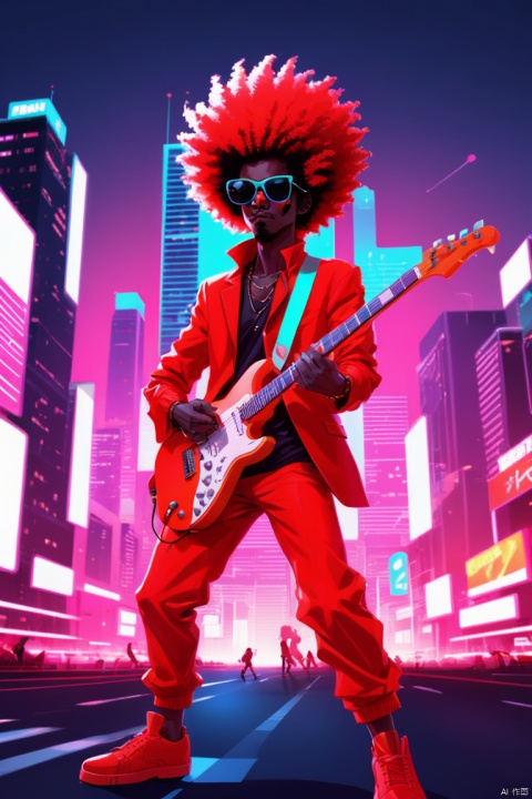 a dragon wearing red suit and sunglasses, Playing electric guitar, afro Hairstyle, dynamic pose, Vector illustration, Minimalism, vaporwave art, Background city neon board street scene, panoramic view, Ultra high saturation, (best quality, masterpiece, Representative work, official art, Professional, 8k)