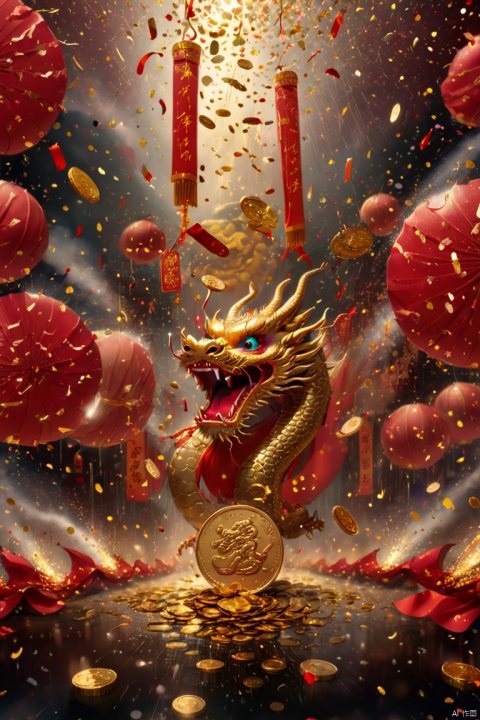 Chinese New Year, oriental dragon. Gold coin rain, Many gold coins burst out, Red and gold confetti, firecrackers, strong festive atmosphere, panoramic view, Ultra high saturation, (best quality, masterpiece, Representative work, official art, Professional, 8k)