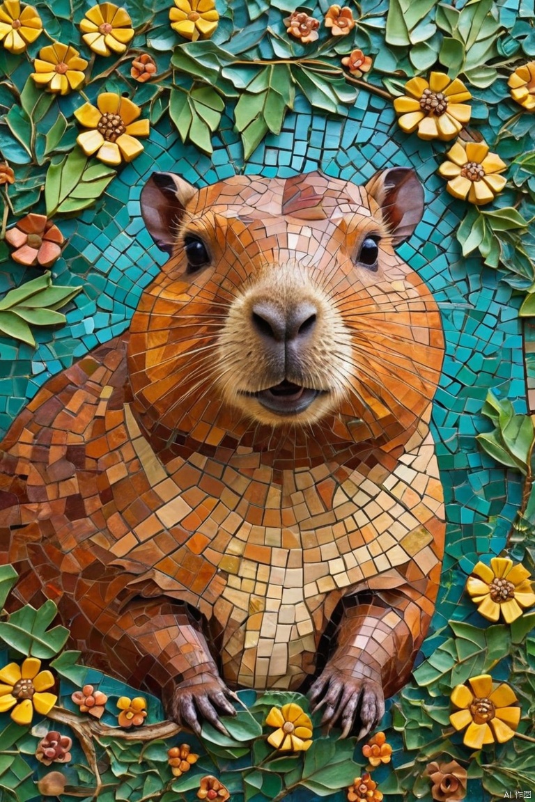 mosaic style, capybara,playful,whimsical, vibrant colors,texture, intricately designed, mosaic patterns, lively atmosphere, soft lighting, peaceful backdrop, lush greenery, harmonious composition, multi-faceted, furry texture, detailed fur, expressive eyes, adorable expression, relaxed and content, mosaic artwork, cheerful vibe, mosaic tiles, charming scene, joyful ambiance, (masterpiece, best quality, perfect composition, very aesthetic, absurdres, ultra-detailed, intricate details, Professional, official art, Representative work:1.3)