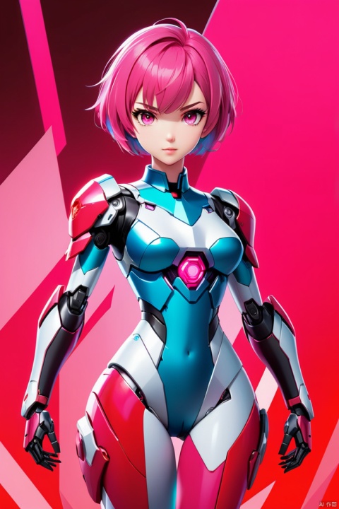 cover art, red background, simple background, new year, mecha girl, Pink parted short hair, pink eyes, full-body pose, (best quality, masterpiece, Representative work, official art, Professional, 8k:1.3)