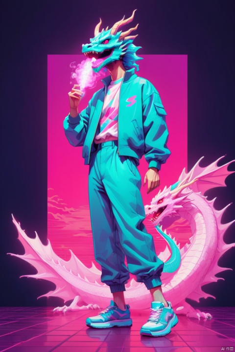 a dragon wearing Vaporwave aesthetic clothes, Model steps on stage, Vector illustration, Minimalism, vaporwave art, vaporwave nostalgia, vaporwave cartoon, (best quality, masterpiece, Representative work, official art, Professional, 8k)