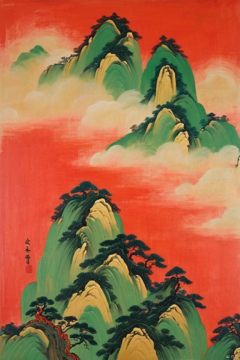 Gold Art, Close-up of two emerald green peaks on a red background, Chinese palace, waterfall, soft golden distant mountains, matte red sky and background, academic painting, style of Emperor Huizong of Song Dynasty, minimalist composition, brushstrokes, illusory klein green, depicting peaceful moments in mountains, historical painting, rich layering, ultra-fine details, fluorescent red, klein blue, and golden brushstrokes Liu Ye and Leon Spilliaert, (masterpiece, best quality, perfect composition, very aesthetic, absurdres, ultra-detailed, intricate details, Professional, official art, Representative work:1.3)
