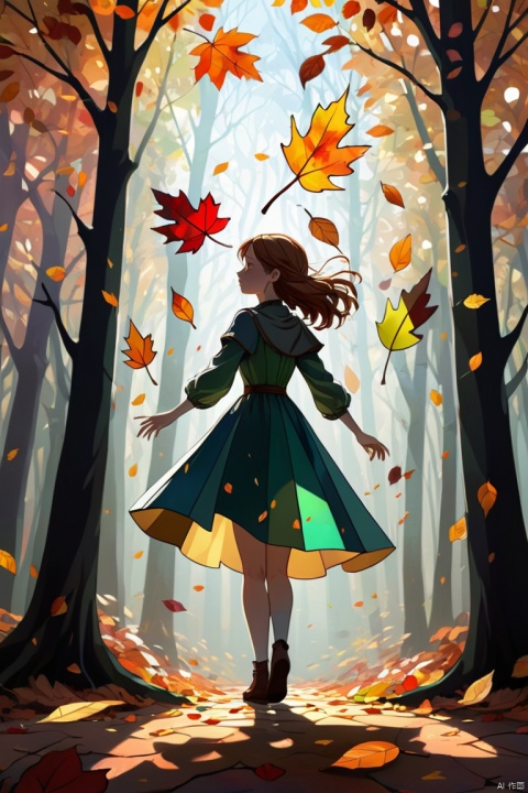 fallen leaves, leaves in the air, a girl made of stained glass, autumn forest, shadow flat vector art, (best quality, masterpiece, Representative work, official art, Professional, unity 8k wallpaper:1.3)