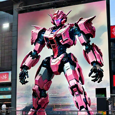 a (mecha girl) painted on screen of Baseball Stadium, female, Pink parted short hair, pink eyes, full-body pose, ad billboard, tv screen, panoramic, Ultra high saturation, bright and vivid colors, intricate, (best quality, masterpiece, Representative work, official art, Professional, 8k)