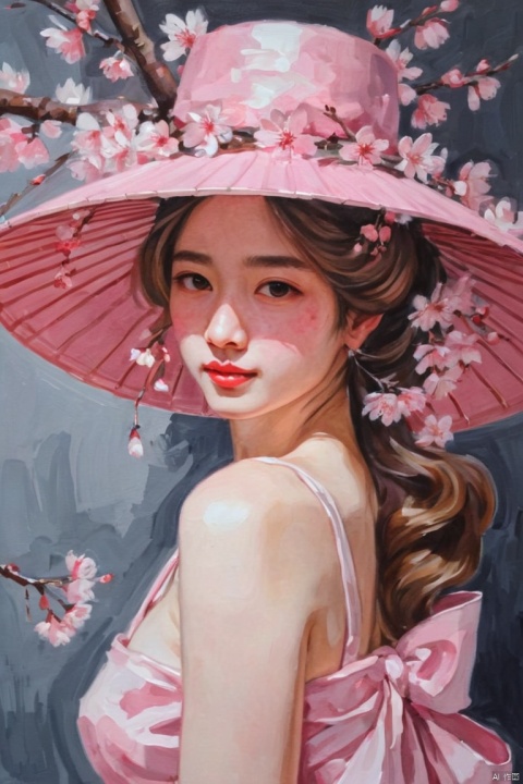Gouache, Beautiful girl wearing cherry blossom hat, by Gurwitz, artistic creativity, (best quality, masterpiece, Representative work, official art, Professional, Ultra intricate detailed, 8k:1.3)