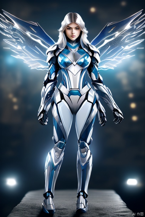 Sticker design, mecha girl, (silver long hair:1.4), full-body pose, (mechanical wings), dynamic angle, (best quality, masterpiece, Representative work, official art, Professional, 8k:1.3)
