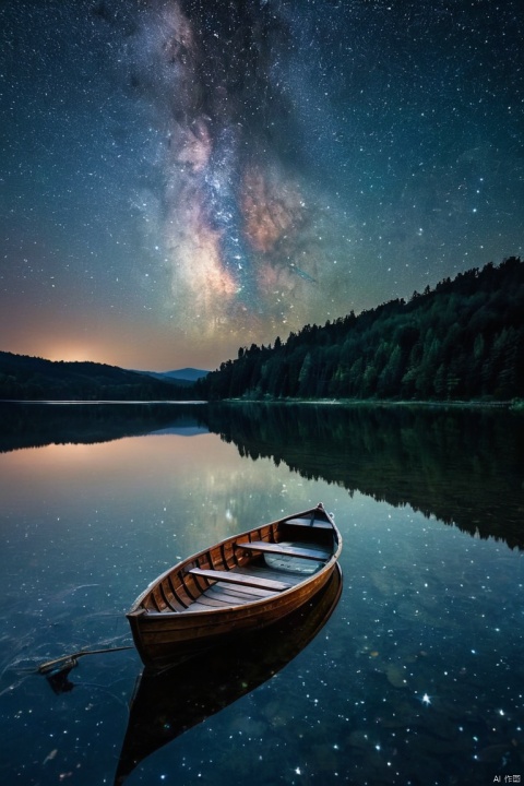Deep night,serene lake,small wooden boat,starry sky,reflections of stars in the lake,boat floating as if on a milky way, dark color tones,soft moonlight,subtle ripples in the water,calm atmosphere,tranquil solitude,impressionistic style, (masterpiece, best quality, perfect composition, very aesthetic, absurdres, ultra-detailed, intricate details, Professional, official art, Representative work:1.3)