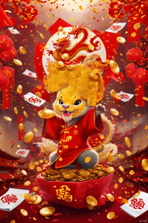 text "China", Chinese New Year 2024, dragon cub, red clothes, welcome, many gold coins in the air, red envelopes confetti, strong festive atmosphere, Chinese elements, poster design, panoramic view, Ultra high saturation, (best quality, masterpiece, Representative work, official art, Professional, 8k)