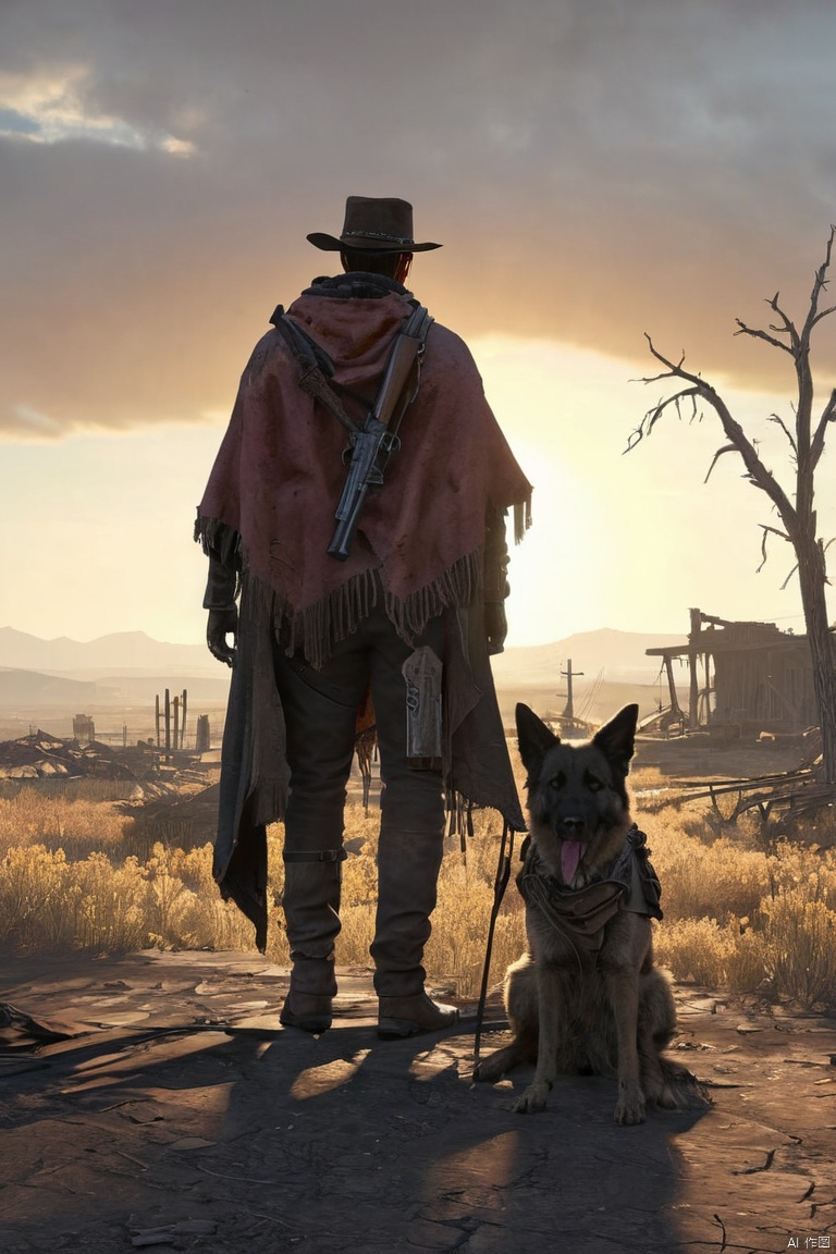  cowboy in tattered poncho, desolate post-apocalyptic landscape, Winchester rifle draped across shoulder, loyal shepherd dog flanking, elongated shadows cast by the setting sun, dilapidated ruins lining the horizon mirroring "Fallout" game aesthetic, dramatic lighting, hyper-detailed, cinematic. color palette reminiscent of "Fallout", (masterpiece, best quality, perfect composition, very aesthetic, absurdres, ultra-detailed, intricate details, Professional, official art, Representative work:1.3), Game CG style