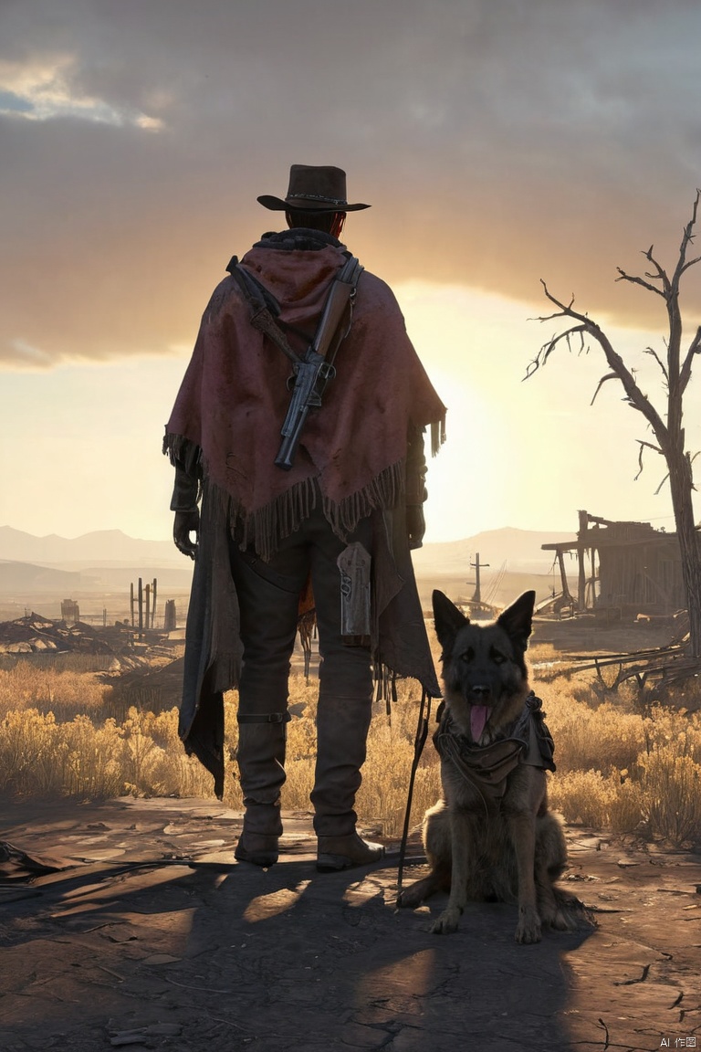 cowboy in tattered poncho, desolate post-apocalyptic landscape, Winchester rifle draped across shoulder, loyal shepherd dog flanking, elongated shadows cast by the setting sun, dilapidated ruins lining the horizon mirroring "Fallout" game aesthetic, dramatic lighting, hyper-detailed, cinematic. color palette reminiscent of "Fallout", (masterpiece, best quality, perfect composition, very aesthetic, absurdres, ultra-detailed, intricate details, Professional, official art, Representative work:1.3), Game CG style