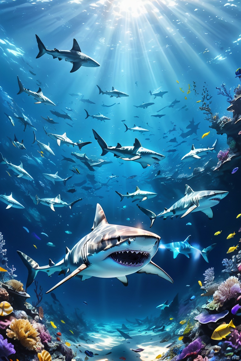 Sharks in the huge and magnificent underwater world,The underwater world is a place full of mystery and beauty,Colorful、exuberant。Shark surrounded by endless blue water,The transparent water allows you to see the distant sunlight shining through the water,Illuminating the entire seabed, (best quality, masterpiece, Representative work, official art, Professional, 8k:1.3)