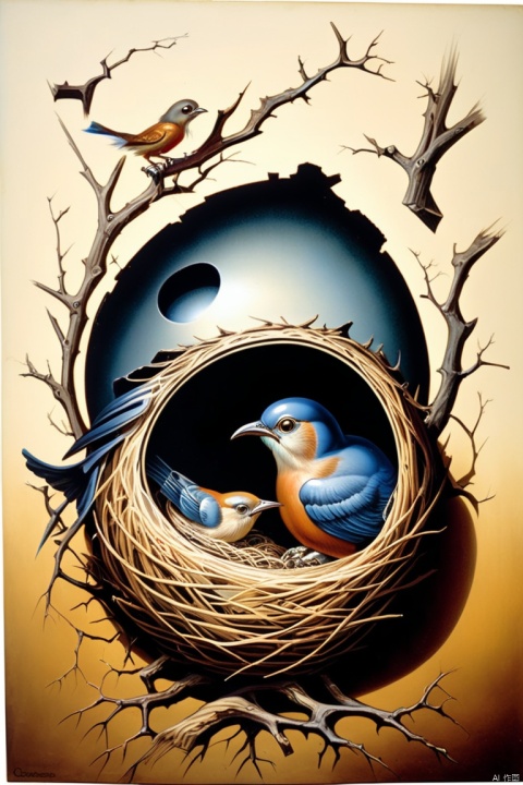 Octavio Ocampo Metamorphic painting, bird nest, double exposure, double content