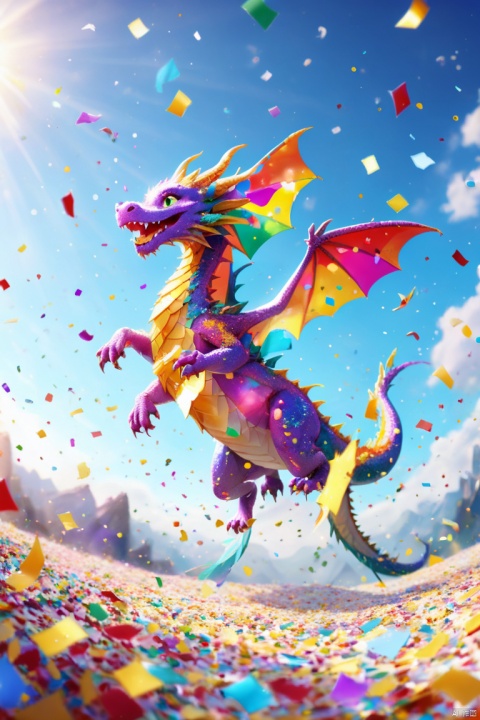 Colorful Confetti, cute Dragon flying on the Sky, Sunshine, Light Particles, panoramic view, Ultra high saturation, (best quality, masterpiece, Representative work, official art, Professional, 8k)