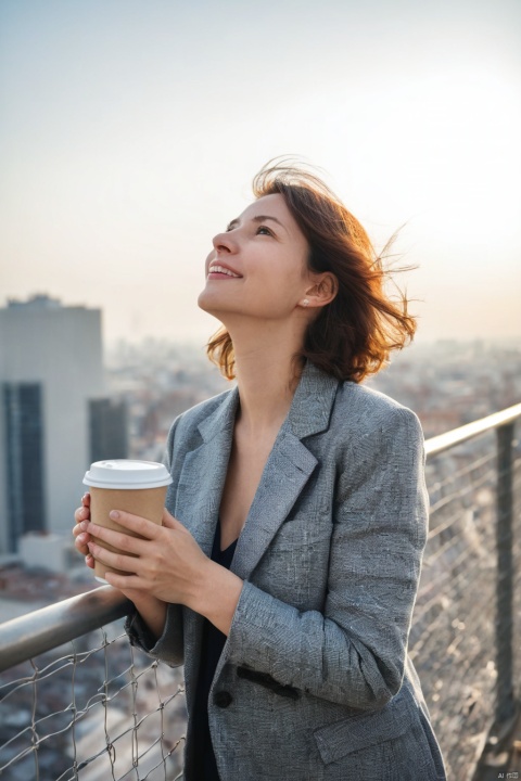 1lady standing, (leaning against wire mesh), (looking up at the sky), office worker outfit, mature female, wind, (light smile:0.7), (looking off into the distance), BREAK, (holding coffee cup in hand), (holding jacket) BREAK (rooftop of building), outdoors, railing, blue sky, rooftop facilities, cityscape, detailed background, (masterpiece, best quality, perfect composition, very aesthetic, absurdres, ultra-detailed, intricate details, Professional, official art, Representative work:1.3)