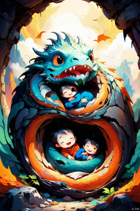 underground, in the hole, dragon family, Nest, comfortable and warm, looking happy, drawn with bold lines, a happy dream, panoramic, Ultra high saturation, (best quality, masterpiece, Representative work, official art, Professional, 8k)