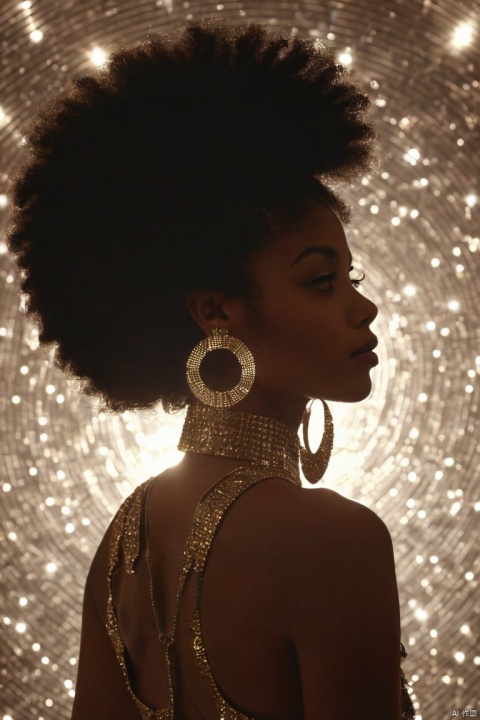 silhouette of a disco dancer, afro hair, hoop earrings, glitterball effects, analog video effects, (masterpiece, best quality, perfect composition, very aesthetic, absurdres, ultra-detailed, intricate details, Professional, official art, Representative work:1.3)