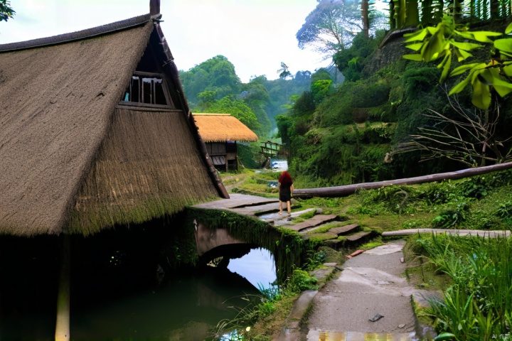 As the path winds, we reach an ancient forest where a rudimentary thatched cottage can be vaguely seen. It sits next to the former temple, appearing quaint and peaceful. As the traveler was walking along the path, turning a bend, suddenly a small bridge over a stream came into view. The murmuring stream below the bridge added a bit of unexpected surprise and beauty to the night