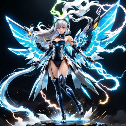 fate \(series\), mecha girl, silver long hair, full-body pose, mechanical wings, cat_ears, thunder, (panoramic, Ultra high saturation, bright and vivid colors), (best quality, masterpiece, Representative work, official art, Professional, 8k), TIANQIJI, tqj-hd
