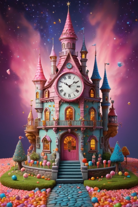 ((Fantastic and charming fantasy castle)), Surreal Portraits, (Fantasy themed castle), (Whimsical Clock Work Accessories), (rich and colorful, Landscape full of candy), (enchanting, Magical Creatures), (Energetic, candy colored building), (Sweets and Candy Road), (Candy Castle)In the distance, (Like a mirror, asymmetrical masterpiece clock accessory), (rich, Dreamy colors), (twinkling stars) Elevated, (four dimensional dream), (Charming and enchanting atmosphere), (Playful composition), (vivid lights), (Magical Effect),clock_realm, (masterpiece, best quality, perfect composition, very aesthetic, absurdres, ultra-detailed, intricate details, Professional, official art, Representative work:1.3)