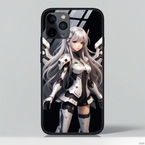 phone design, a mecha girl, (silver long hair), full-body pose, mechanical wings, dynamic angle, (best quality, masterpiece, Representative work, official art, Professional, 8k:1.3)