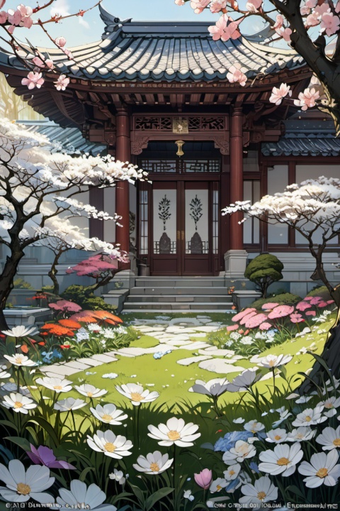 early spring, the harmonious coexistence of white snow and nascent grass sprouts, as well as the artistic conception of snowflakes dotted among the trees in the courtyard like flying flowers, (masterpiece, best quality, perfect composition, very aesthetic, absurdres, ultra-detailed, intricate details, Professional, official art, Representative work:1.3)