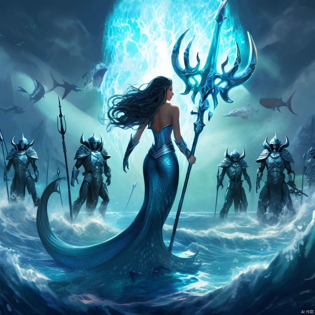面对入侵的黑暗势力,人鱼公主站在海浪前,手持光芒四射的三叉戟,周围是忠诚的海洋生物组成的军队,共同守护着这片海域的和平与纯净