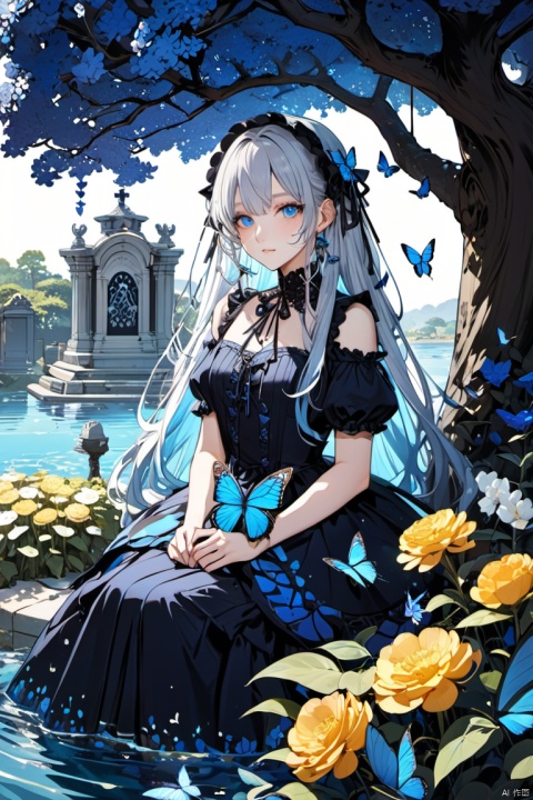 Girl sitting by the deep sea, surrounded by running water, The background is dark blue World Tree, Located in the cemetery. The tranquil and dreamy atmosphere endows the entire venue, her pale complexion, sparkling blue eyes, silver hair decorated with flowers,Create a captivating portrait. She wears lolita style fashion, poker face,shut your mouth. Backgrounds range from white, transparent, Loop options, There are also flying translucent blue butterflies, Add vitality, colorful, (masterpiece, best quality, perfect composition, very aesthetic, absurdres, ultra-detailed, intricate details, Professional, official art, Representative work:1.3), Dream Homes