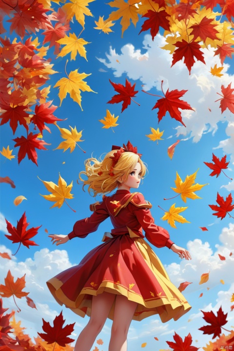 (red and yellow maple leaves), blue sky, autumn leaves tree, Magical girl, surrounded by red maple leaves, red maple leaves floating in the air, autumn leaf tornado, enhance, intricate, (best quality, masterpiece, Representative work, official art, Professional, unity 8k wallpaper:1.3)