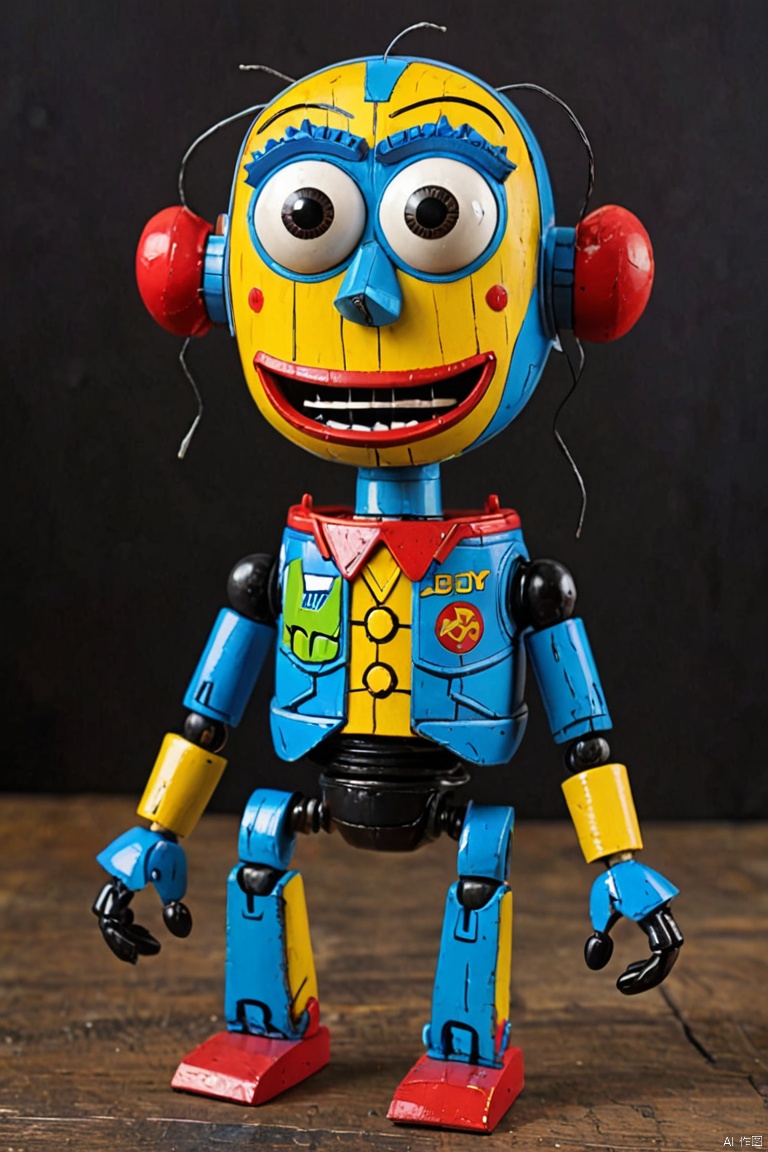 Mechanical Puppet from "Toy Story", art of brut style, characteized by bright and bold colors, thick textured paint, intense black strokes, astonished details, (best quality, masterpiece, Representative work, official art, Professional, Ultra intricate detailed, 8k:1.3)