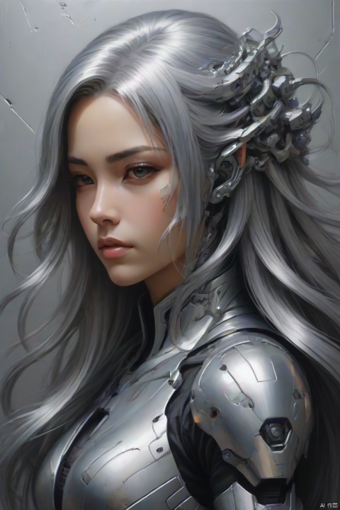 mecha girl painted on the wall, (silver long hair), intricate, (best quality, masterpiece, Representative work, official art, Professional, 8k)