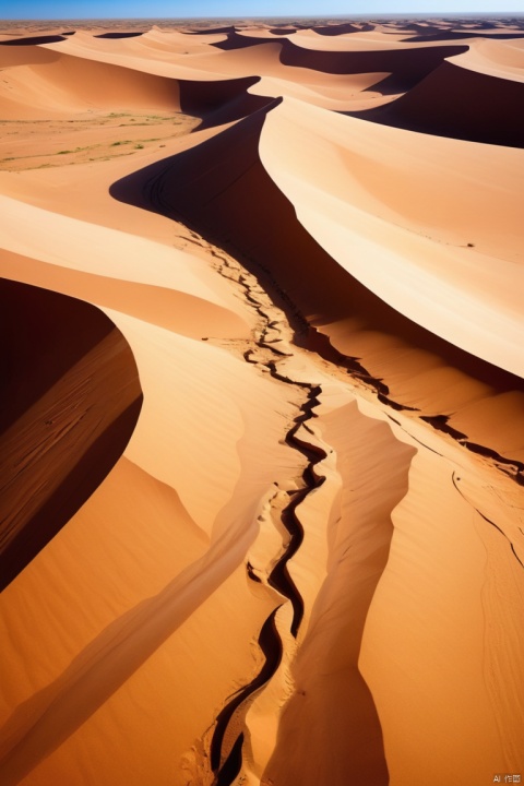 footprint, In the process of crossing the Sahara over 400 kilometers from Oualata in Mauritania to Tihit,See a geological wonder of a desert canyon carved by wind and sand, enhance, intricate, (best quality, masterpiece, Representative work, official art, Professional, unity 8k wallpaper:1.3)