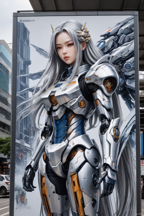 a mecha girl painted on billboard, (silver long hair), mechanical wings, bus station, intricate, (best quality, masterpiece, Representative work, official art, Professional, 8k)