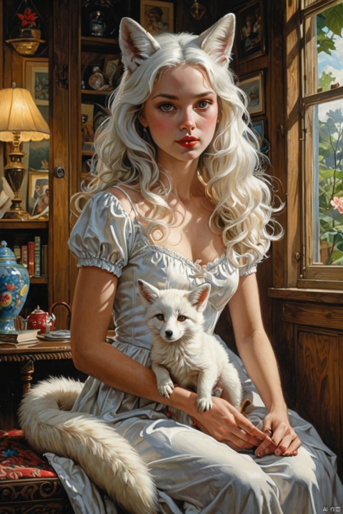 by Bob Byerley, white fox, (best quality, masterpiece, Representative work, official art, Professional, Ultra intricate detailed, 8k:1.3)
