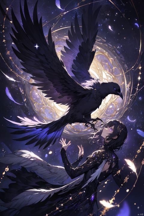 flying crow, digital art, beautiful lighting, shining feathers, dark purple luminous eyes, bokeh, shining black, glitter, sparkle, gleam, in a dark fantasy space, (masterpiece, best quality, perfect composition, very aesthetic, absurdres, ultra-detailed, intricate details, Professional, official art, Representative work:1.3)