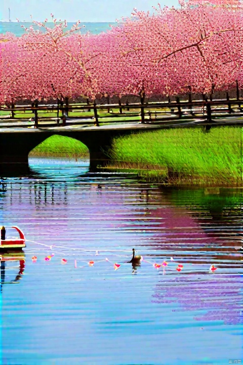In the return of spring, pairs of swallows grace the skies, signaling the retreat of winter's chill and the blossoming of spring. Along the riverbanks, peach trees burst into bloom, their petals gently brushing the water's surface, as the vibrant hues of spring mirror on the rippling waters, creating a picturesque scene. A gentle spring rain descends unannounced, rendering the small bridge impassable and deterring travelers, imbuing the setting with a sense of tranquility and seclusion. Amidst this, a lone boat glides calmly out from beneath the willow shades, navigating past the rain-induced obstacle, providing passage across the river and symbolizing hope and vitality amidst adversity. The entire scene weaves together the beauty of nature and the sentiments of humanity, encapsulating the tenderness of spring alongside its power to surmount obstacles and nurture life