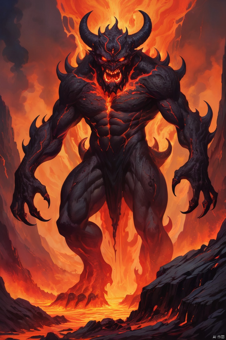 Lava Demon, ral-lava, LavaRay, Demon made entirely of lava, intense, fiery, and fearsome Lava Demon, glowing red eyes, sharp fangs and claws, towering over the landscape, surrounded by swirling magma, molten rivers flowing in the background, emitting a sinister glow, smoke billowing from its nostrils, an aura of pure heat and destruction, devilish horns adorned with lava drips, an otherworldly entity emerging from the depths of the Earth's core, surreal and menacing, in the style of dark fantasy art, with vibrant colors and high contrast, cast in a hellish color palette, (masterpiece, best quality, perfect composition, very aesthetic, absurdres, ultra-detailed, intricate details, Professional, official art, Representative work:1.3)
