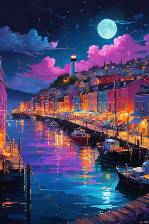 Aesthetics of steam waves, landscape paintings, neon lighthouses, harbor towns, docks, boats, moon, stars, clouds, auroras, beautiful, colorful, sparkling, shining, casting colorful spells, drawing neon colors on dark backgrounds, blending ancient and modern scenery of harbor towns, popular illustrations, posters, perfect compositions, expressing Italian design, entangled, magical elements, exciting, masterpiece, 4k, artwork Bright colors, black, Pink, light blue, purple, (best quality, masterpiece, Representative work, official art, Professional, 8k, Ultra intricate detailed:1.3)