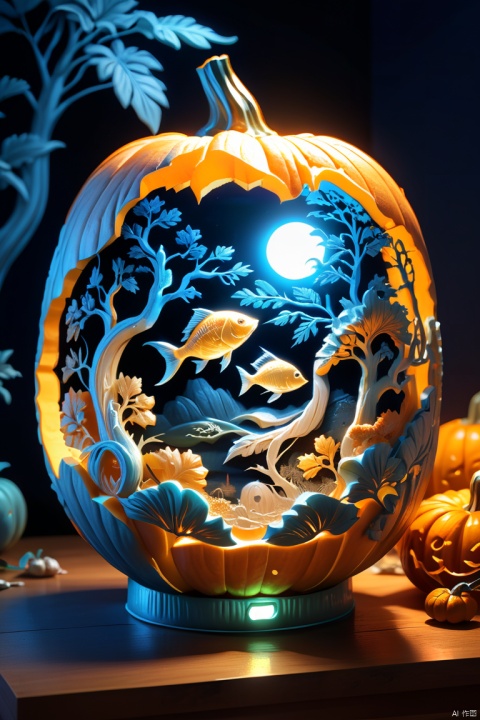 Pumpkin carving, Blue light lantern made from cut pumpkin, intricate tropical fish carvings, 3D carving, pumpkin color, octane render, enhance, intricate, HDR, UHD, Relief style, (best quality, masterpiece, Representative work, official art, Professional, 8k wallpaper:1.3)