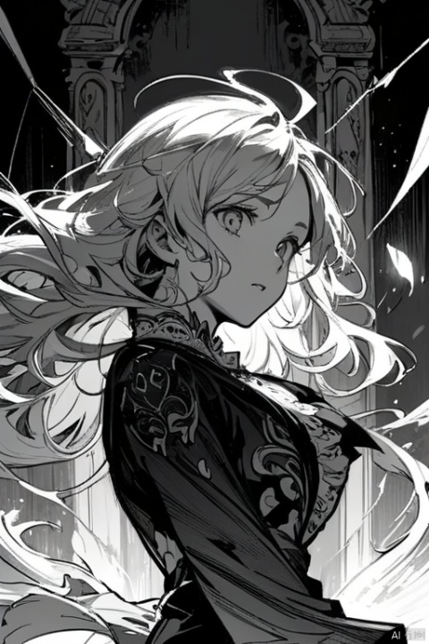 anime realistic, pen and ink,sketch,clean lines,monochrome,black and white,expressive eyes,detailed hair,wavy hair,flowing lines,shading techniques,dynamic poses,action scenes,background illustration,detailed costumes,fantasy world,magical elements,strong emotions,vibrant characters,light and shadow contrast,dramatic lighting,elegant composition,beautiful artistry,stylized characters,nostalgic atmosphere,brush strokes,contrast in values,precise linework,depth and perspective,comic book style,lively facial expressions,unique character designs,captivating storytelling, (masterpiece, best quality, perfect composition, very aesthetic, absurdres, ultra-detailed, intricate details, Professional, official art, Representative work:1.3)