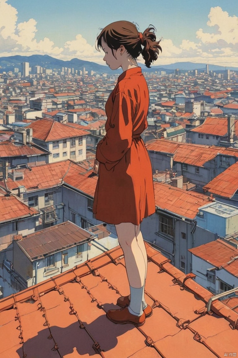 Person Standing on the Rooftop, by Satoshi Kon, (masterpiece, best quality, perfect composition, very aesthetic, absurdres, ultra-detailed, intricate details, Professional, official art, Representative work:1.3)