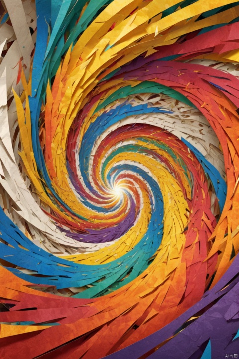 Colorful shredded paper resembles a dragon spinning wildly in a vortex, sucked into a huge golden hole, fantasy art, keith mallett style, beautiful details, panoramic view, Ultra high saturation, (best quality, masterpiece, Representative work, official art, Professional, 8k)