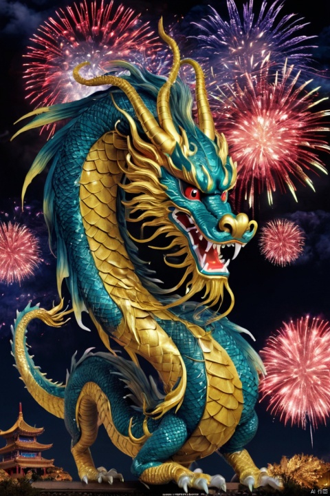 Holiday poster, 2024 new year poster, New Year Eve 2024, fireworks, chinese dragon, (best quality, masterpiece)